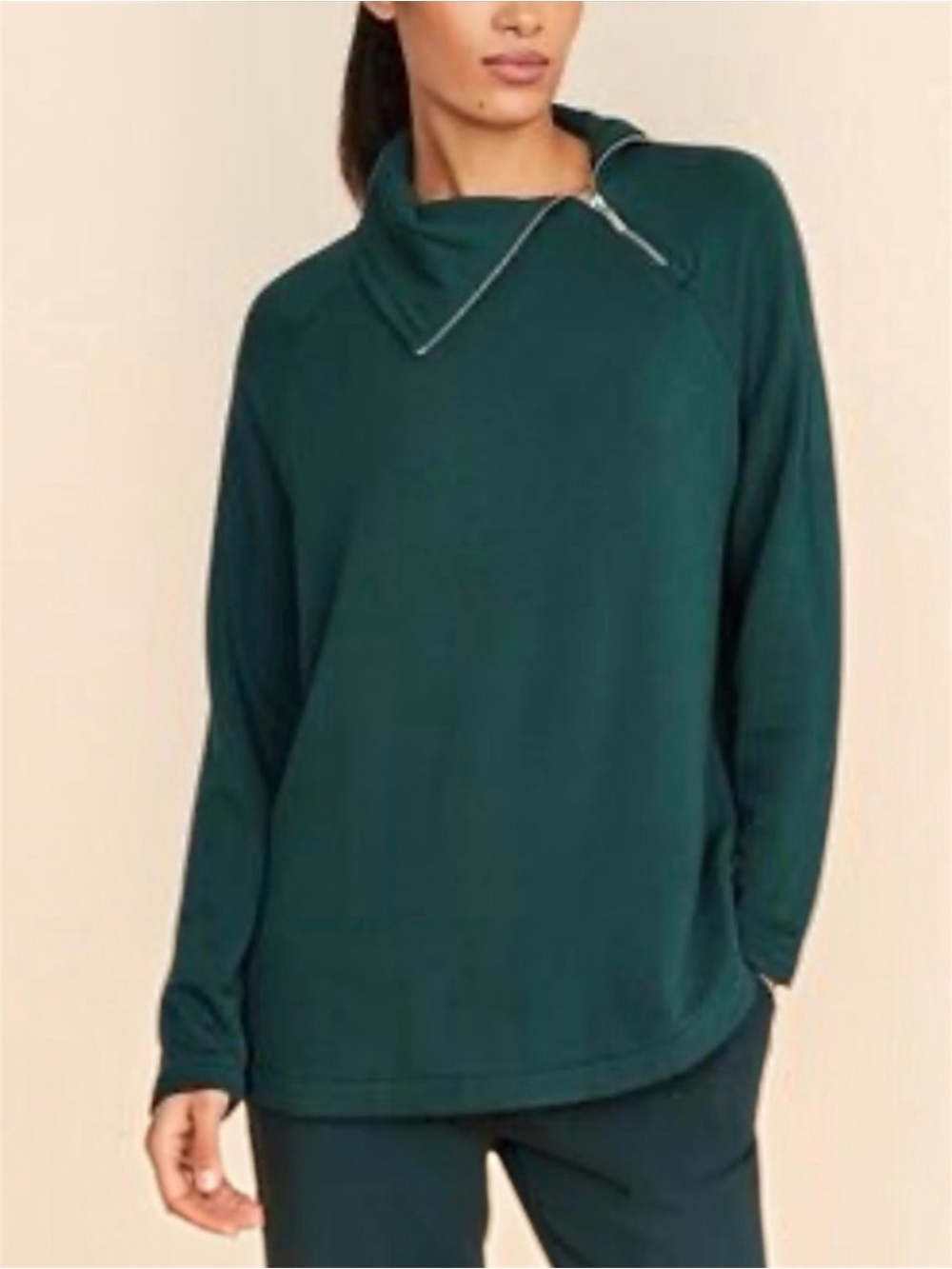Lou & Grey Signature Soft Asymmetrical Zip Sweatshirt in Forest Green Sz Small